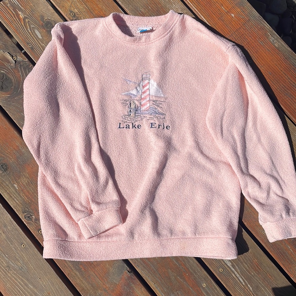 Women’s terry cloth towel vintage sweatshirt baby pink Lake Erie size Large